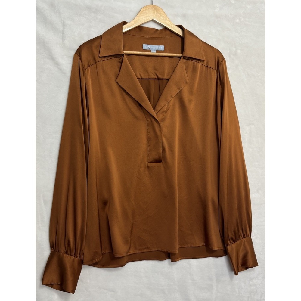 Antonio Melani Silk Blend Satin Blouse Womens L Brown Collared Quiet Luxury